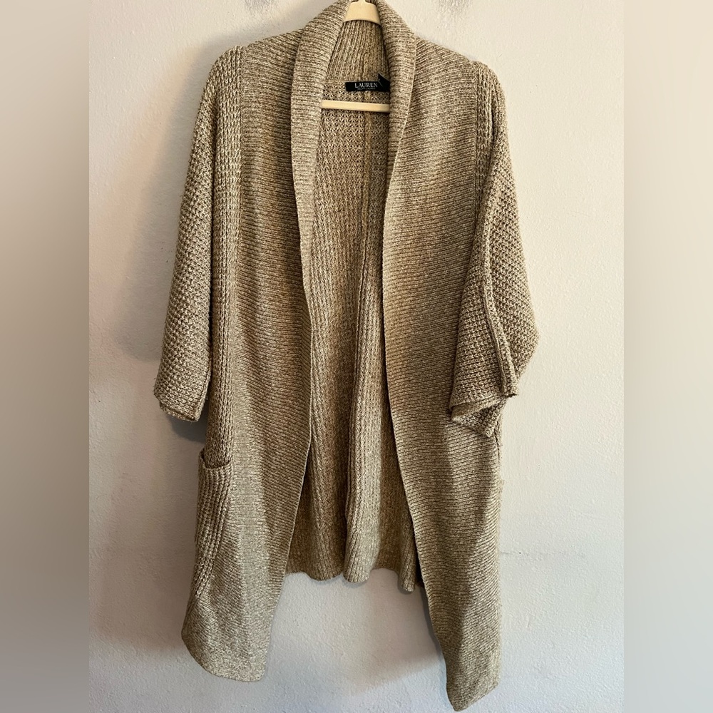 Lauren Ralph Lauren Tan Shawl Collar Open Knit Cardigan Small/Medium Preppy